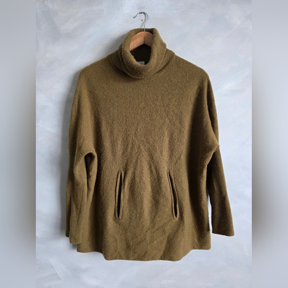 Garnet Hill Olive Color Turtleneck Sweater Wool Cashmere blend Kangaroo Pkt XL